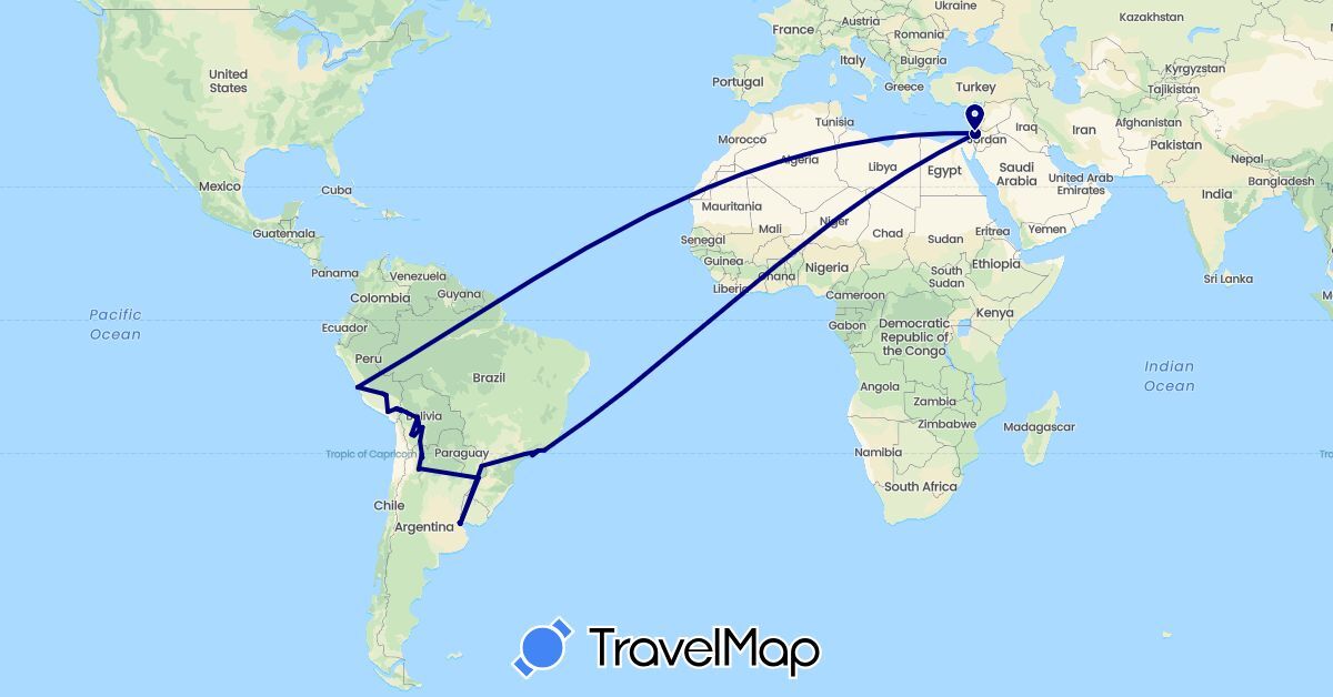 TravelMap itinerary: driving in Argentina, Bolivia, Brazil, Israel, Peru (Asia, South America)